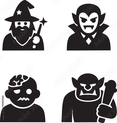 Fantasy and Horror Character Icons Set Wizard Vampire Zombie Troll Black Vector