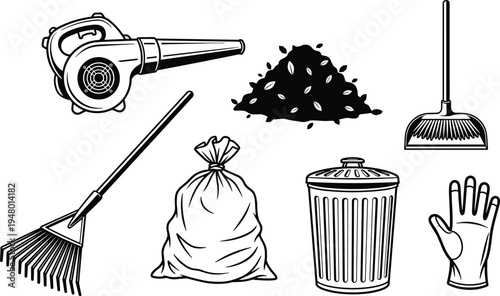 Leaf blower rake trash bag can glove broom trash can