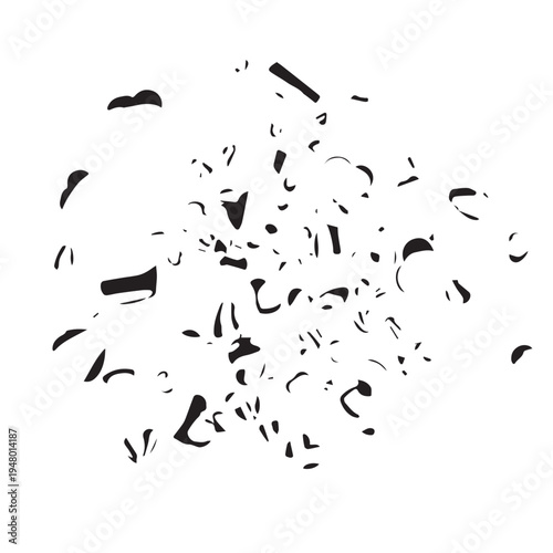 Abstract scattered fragments forming a radial black and white mosaic with chaotic, circular patterns.