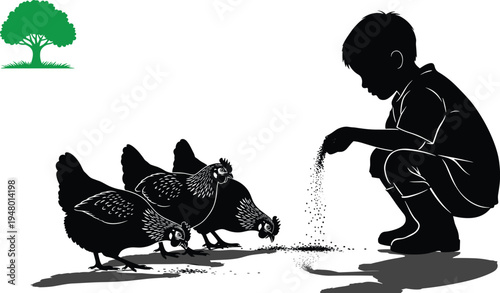 Boy feeding chickens silhouette, farm child feeding hens outdoors, rural agriculture life concept, poultry farming vector illustration