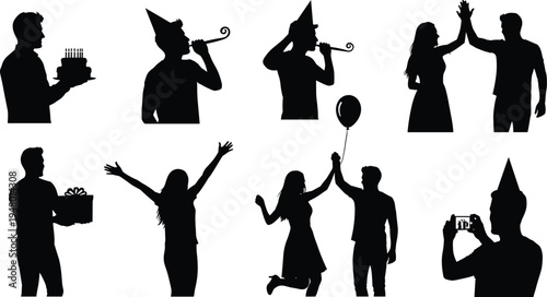 Birthday celebration silhouette illustration showing people with cake, gifts, balloons, and party hats, symbolizing joy, festivity, friendship, and social interaction