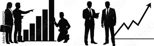 Business silhouette illustration showing professionals analyzing bar chart and line graph, symbolizing teamwork, growth, data analysis, corporate success, and progress.