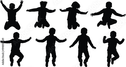 Children jumping silhouette illustration showing playful energy and motion, symbolizing childhood joy, activity, fun, freedom, happiness, and youthful expression.