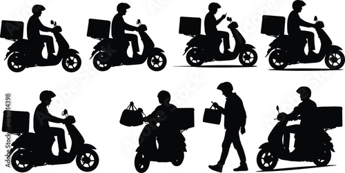 Delivery driver silhouette illustration showing scooter riders with helmets, carrying food boxes, checking phones, symbolizing modern delivery service, mobility, and technology.