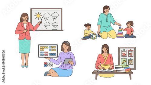 Foto Classroom Companions: A teacher in a classroom is depicted in various scenes, interacting with children
