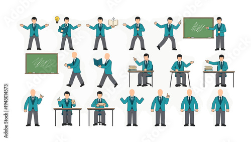 Teacher's Actions Set: A comprehensive collection of illustrations of a teacher, illustrating various actions and gestures commonly used in a classroom setting, perfect for educational resources.