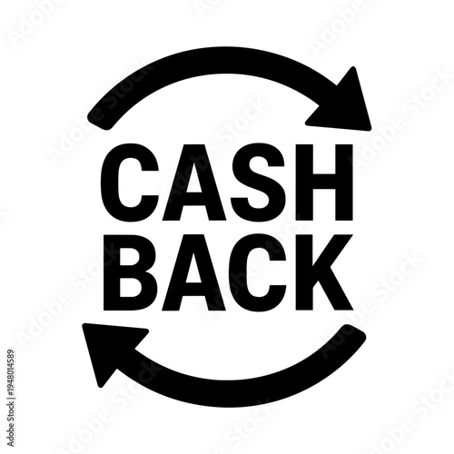 Bold black cashback symbol showing 'CASH BACK' text enclosed by two curved arrows, representing refund offers, money-back promotions, rewards, savings and incentives.