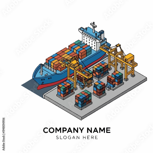 Isometric illustration of a cargo ship being loaded with containers at a port terminal.