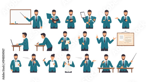 Illustrative Business Figures: A collection of professional figures in various work-related scenarios, presenting a diverse range of business actions, from meetings to presentations.