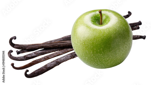 Slika na platnu Isolated fresh Granny Smith green apple fruit alongside aromatic vanilla beans f