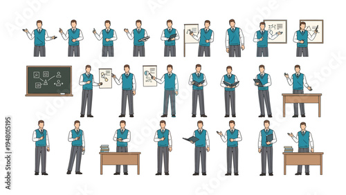 Dynamic Presenter: A comprehensive series of illustrations depicting a presenter in various poses, gestures, and settings, engaging with different presentation tools.