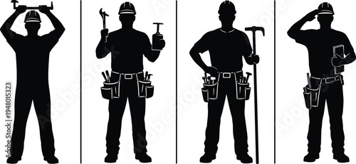 Four construction workers in silhouette poses with tools hard hats tool belts silhouettes