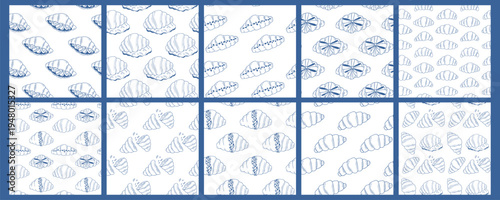 Minimalist vector set of seamless patterns with decorated french croissants. Blue line hand drawn backgrounds with berries, bows, glaze and hearts for bakery menu, cafe branding, pastry shop packaging