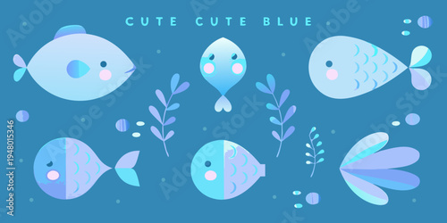 Adorable blue cartoon fish with plants on a teal background