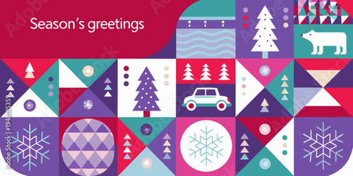 Festive geometric winter scene with trees animals and holiday elements