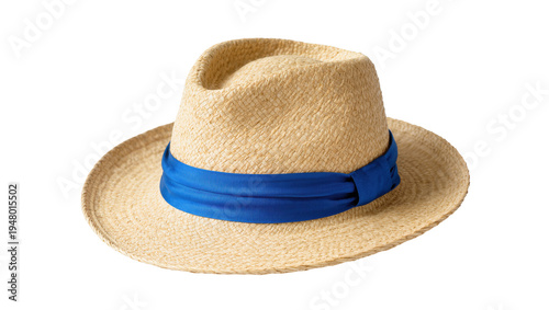 Foto Isolated classic straw fedora hat with a vivid blue fabric band, essential summe