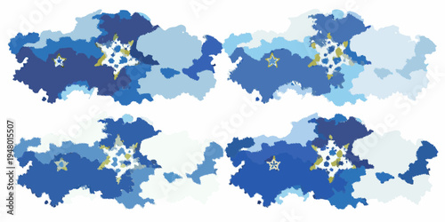 Four abstract starburst shapes in varying shades of blue and yellow