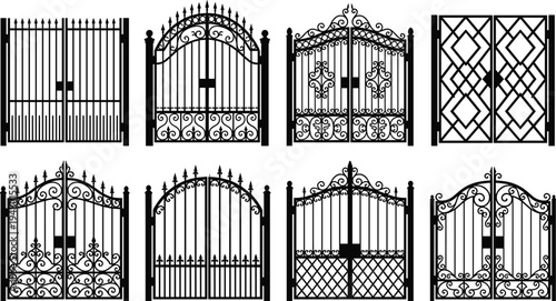 Ornate Wrought Iron Gate Silhouette Collection Featuring Classic Victorian Swirls, Decorative Metal Fence Designs, and Antique Estate Entrance Icons for Luxury Residential Architecture and Security