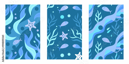 Three seamless patterns depicting a vibrant underwater scene with marine life