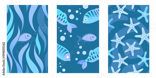 Stylized blue underwater scenes featuring fish seaweed and starfish