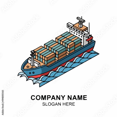 Isometric illustration of a cargo ship carrying containers on the water.