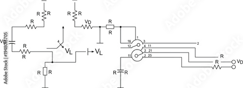 Electronic circuit diagram with resistors and voltage sources wiring