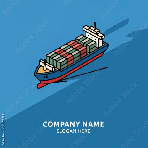 Isometric illustration of a container ship on the water, with a company name and slogan placeholder at the bottom.