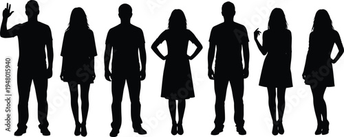 Black vector silhouette set of diverse people standing in various casual poses isolated on white background for lifestyle and social concepts,
