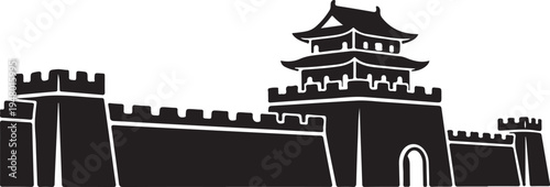 Chinese pagoda watchtower and fortification wall illustration  ancient architecture