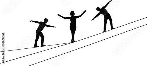 People, balancing, on, rope, silhouettes, teamwork, balance, risk, challenge, cooperation, support, teamwork, trust, success, motivation, leadership, concept, illustration, stability, strategy