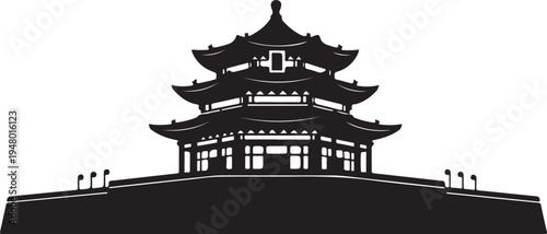 Chinese traditional pagoda building architecture silhouette on white background