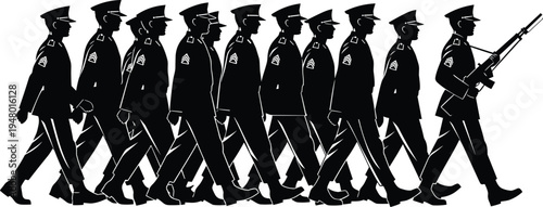 Military, soldiers, marching, parade, silhouettes, army, uniform, discipline, troop, formation, defense, patriotism, security, armed, forces, ceremony, marching, illustration, patriotic, concept