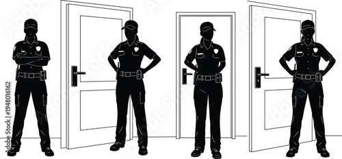 Security, guards, silhouettes, standing, near, doors, protection, safety, surveillance, officer, security, service, entrance, monitoring, authority, uniform, patrol, illustration, protection, concept