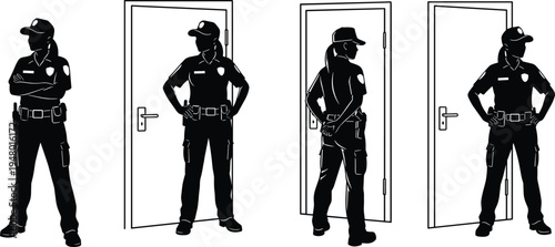 Security, guard, silhouettes, standing, near, door, protection, safety, surveillance, police, officer, security, service, entrance, monitoring, authority, uniform, illustration, protection, concept