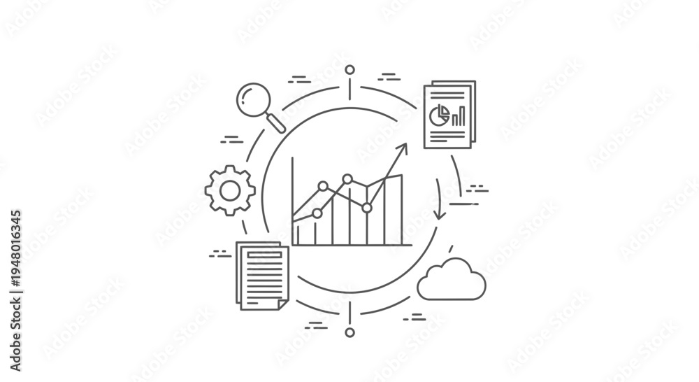 Obraz premium Business analytics concept: graph, documents, gears, cloud, magnifying glass, data analysis