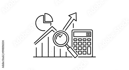 Business analytics chart with calculator, magnifying glass and growth arrow icon