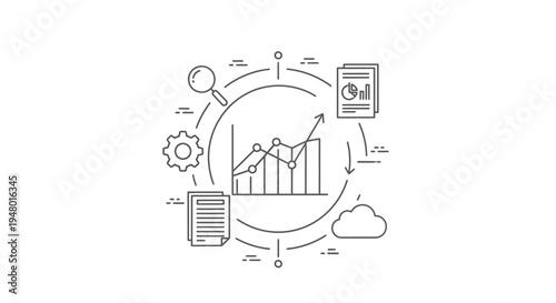 Business analytics concept: graph, documents, gears, cloud, magnifying glass, data analysis