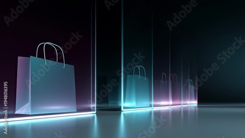 Shoppers explore new products in a digital marketplace with glowing displays