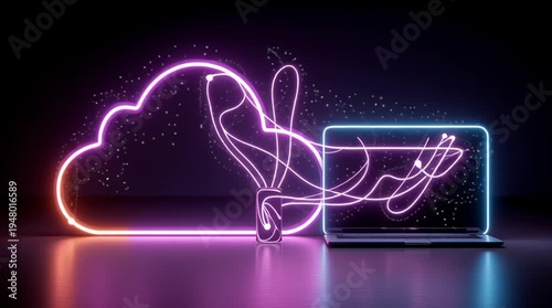 Exploring cloud storage and technology with a laptop and neon lights in a dark setting