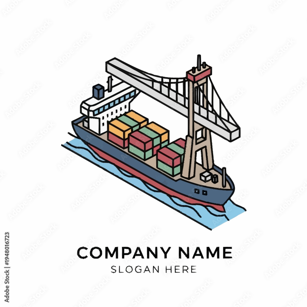 Obraz premium Isometric illustration of a cargo ship with containers and a crane, suitable for a company logo.