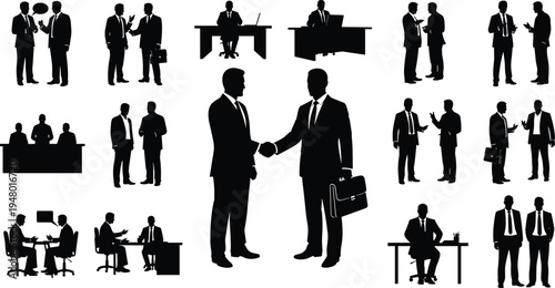 Business people handshake and meeting silhouettes set, corporate negotiation teamwork communication collection, professional office discussion vector illustration