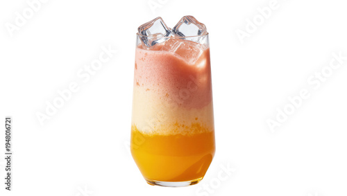 Tableau sur toile Isolated refreshing layered tropical fruit smoothie with ice cubes in elegant ta