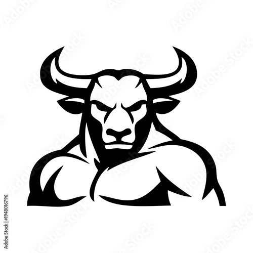 Logotipo cabeza de minotauro de la leyenda griega. Dibujo sencillo del minotauro: cuerpo humano con cabeza de toro.