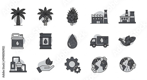 Palm Oil Industry and Environmental Impact Icon Set.