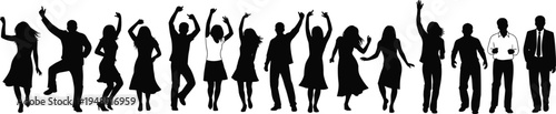 Crowd of happy people dancing and celebrating in silhouettes, isolated vector illustration for party, music festival, success, and event concepts