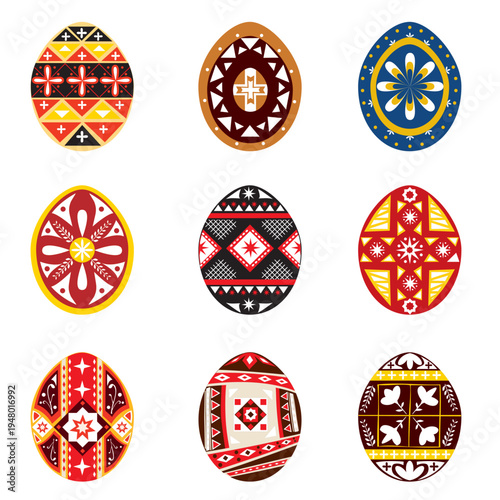 Decorated Easter Eggs with colorful folk geometric ornaments