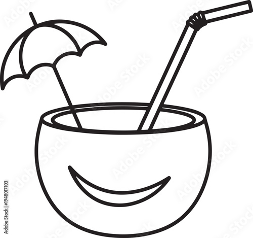 Vector illustration of a coconut drink with umbrella and straw