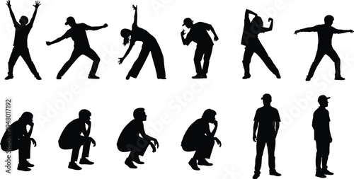 Dancing people silhouettes set, hip hop dancers and casual poses collection, street dance lifestyle, black isolated vector illustration