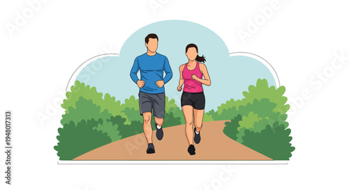 Modern vector illustration of couple jogging on green trail surrounded by fresh spring landscape and blooming trees