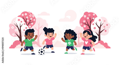 Modern vector illustration of kids playing soccer in sunny spring park with blooming trees and fresh green grass, promoting outdoor sports activity
